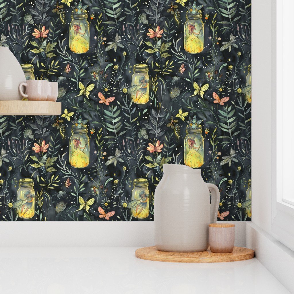 Fireflies and Fairies with Mason Jars in Enchanted Forest Wallpaper