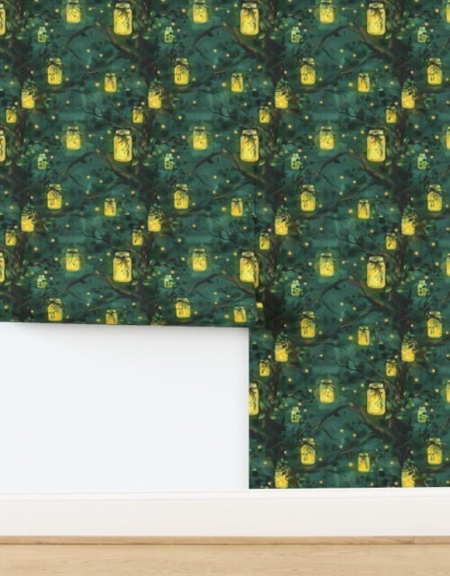 Enchanted Forest with Glowing Mason Jars and Fireflies Wallpaper