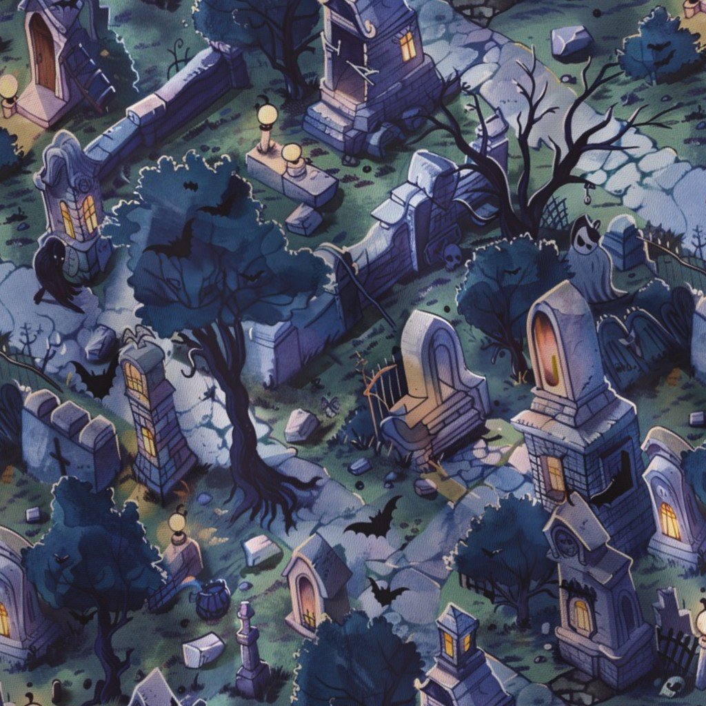 Fabric in Graveyard Halloween Scene with Bats and Ghosts Fabric