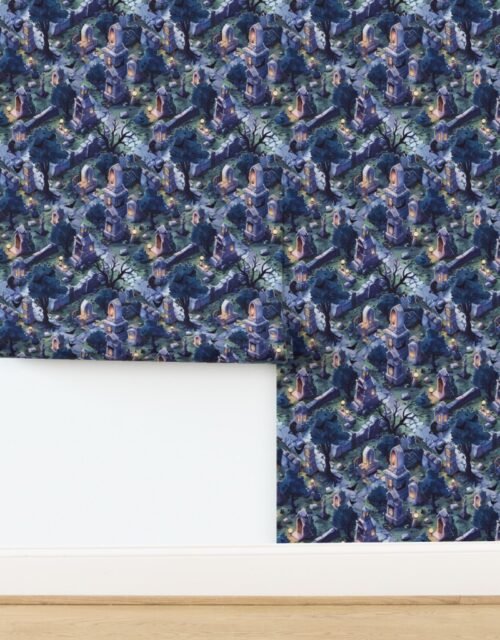 Graveyard Halloween Scene with Bats and Ghosts Wallpaper