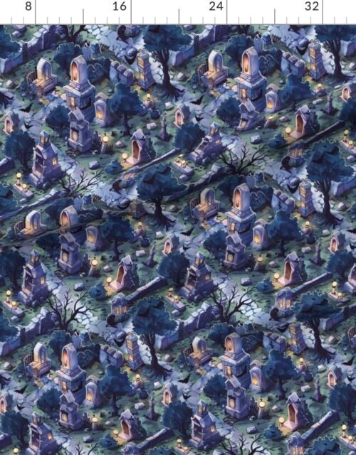 Fabric in Graveyard Halloween Scene with Bats and Ghosts Fabric