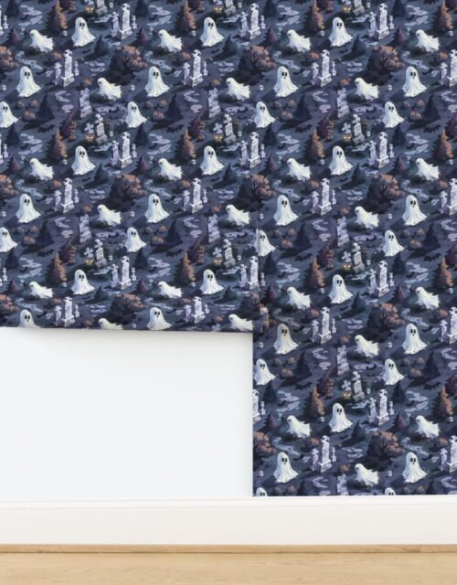 Halloween Ghosts Floating in the Haunted Graveyard Wallpaper