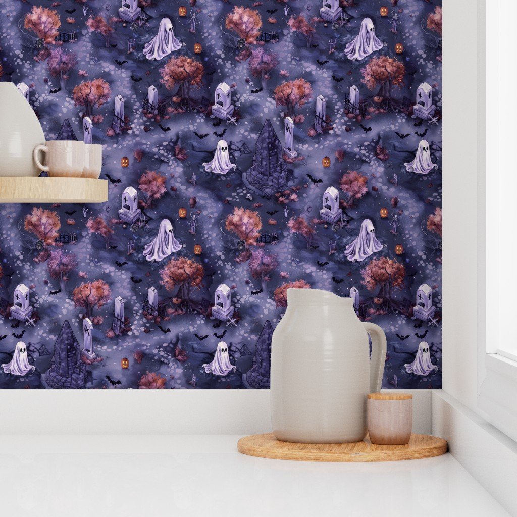 Purple Halloween Graveyard with Glowing Ghosts and Pumpkins Wallpaper