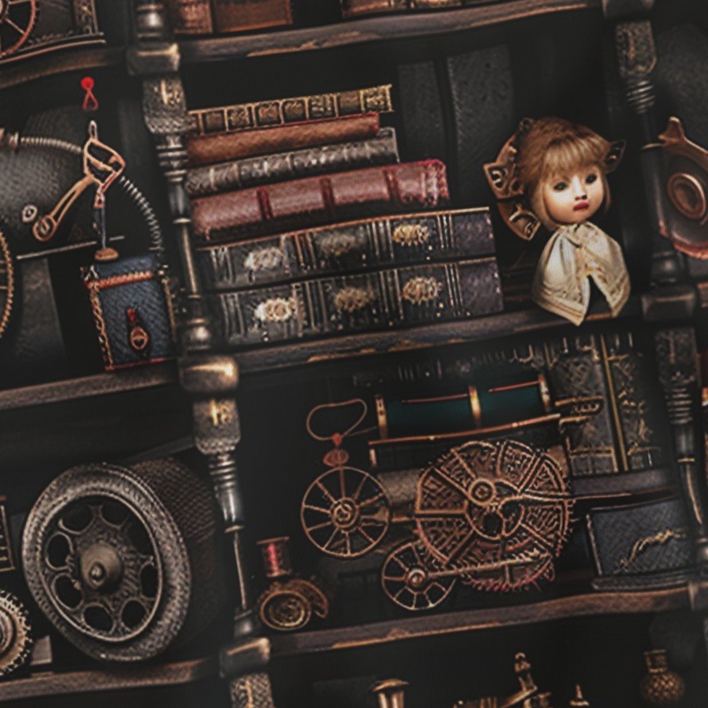 Fabric in Steampunk Vintage Bookcase Gears Pipes and Antique Treasures Fabric