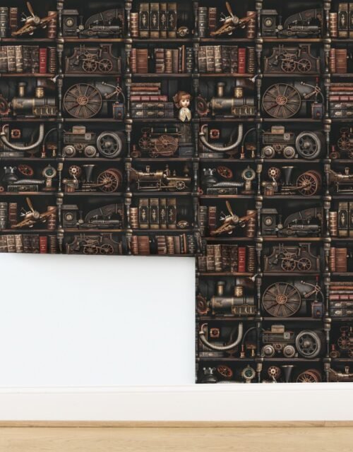Steampunk Vintage Bookcase Gears Pipes and Antique Treasures Wallpaper