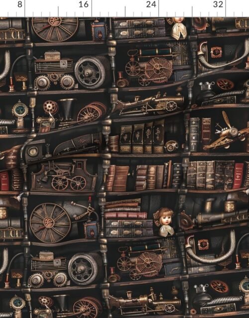 Fabric in Steampunk Vintage Bookcase Gears Pipes and Antique Treasures Fabric