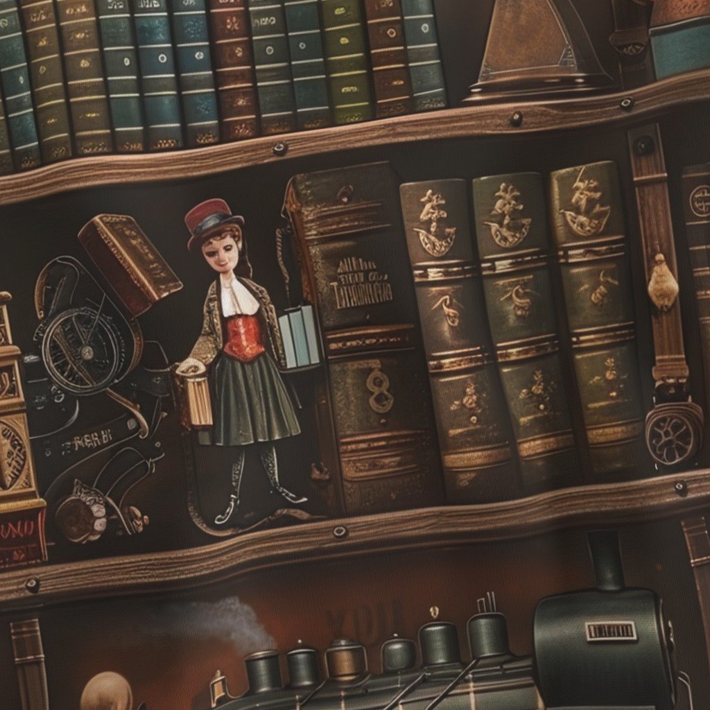 Fabric in Vintage Steampunk Bookcase with Antique Trains and Books Fabric