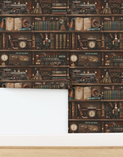 Vintage Steampunk Bookcase with Antique Trains and Books Wallpaper