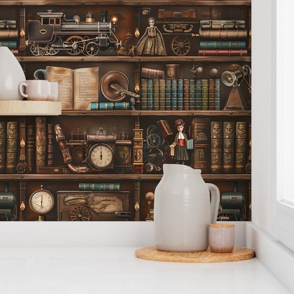 Vintage Steampunk Bookcase with Antique Trains and Books Wallpaper