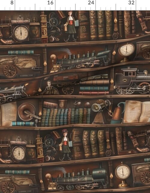 Fabric in Vintage Steampunk Bookcase with Antique Trains and Books Fabric