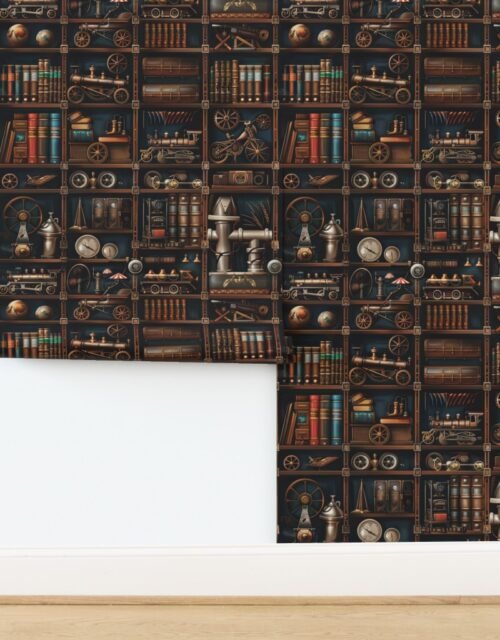 Vintage Steampunk Bookcase with Intricate Mechanical Wonders Wallpaper