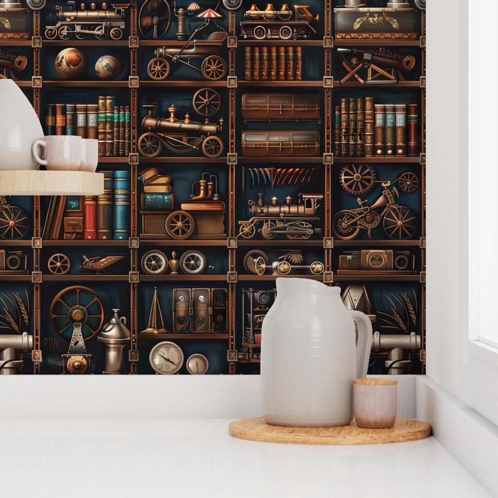 Vintage Steampunk Bookcase with Intricate Mechanical Wonders Wallpaper