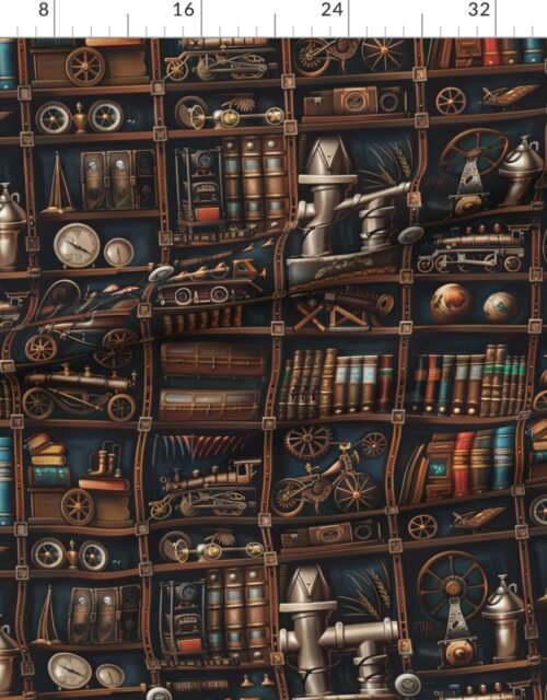 Fabric in Vintage Steampunk Bookcase with Intricate Mechanical Wonders Fabric