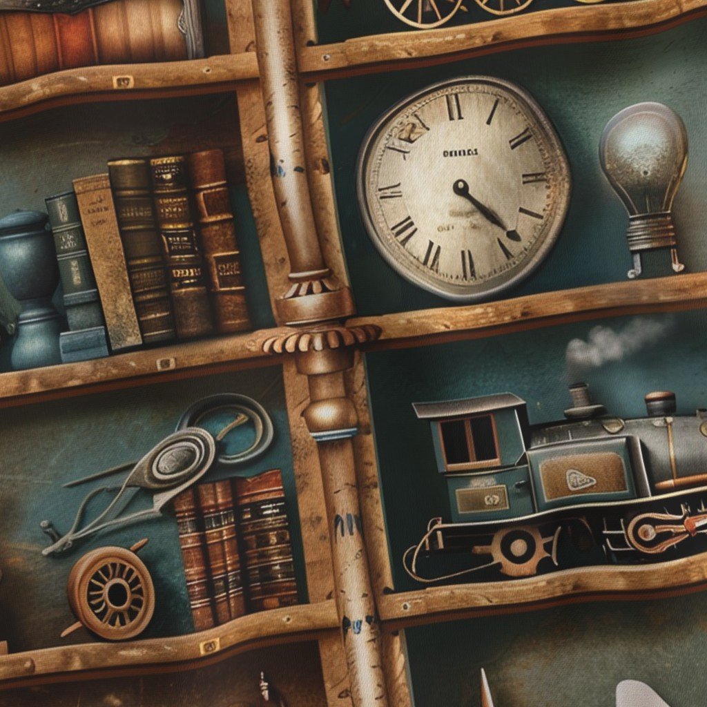 Fabric in Vintage Steampunk Bookcase with Trains Gears and Clocks Fabric