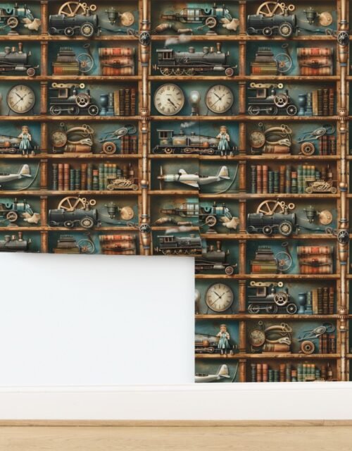 Vintage Steampunk Bookcase with Trains Gears and Clocks Wallpaper