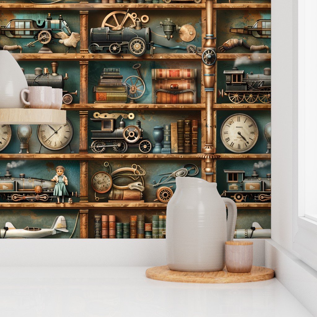 Vintage Steampunk Bookcase with Trains Gears and Clocks Wallpaper