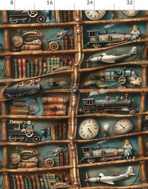 Fabric in Vintage Steampunk Bookcase with Trains Gears and Clocks Fabric