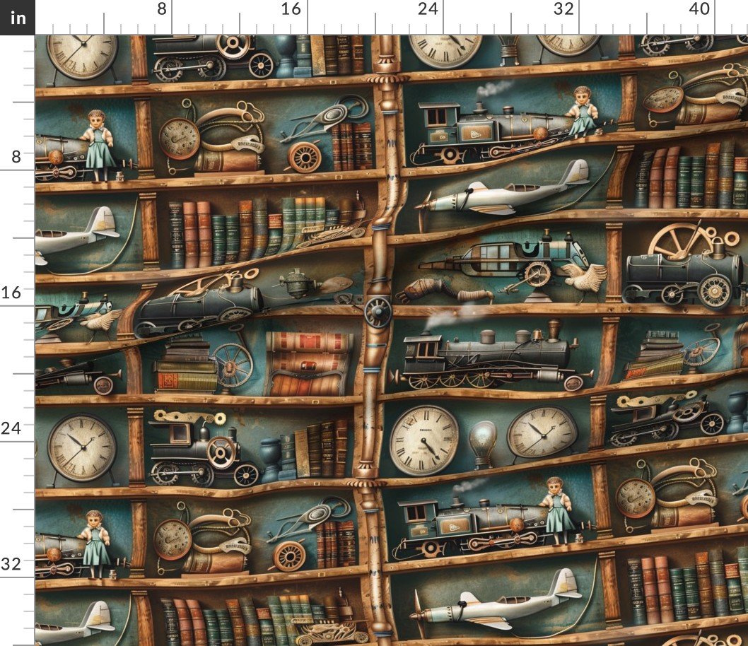 Fabric in Vintage Steampunk Bookcase with Trains Gears and Clocks Fabric Fabric in Vintage Steampunk Bookcase with Trains Gears and Clocks Fabric