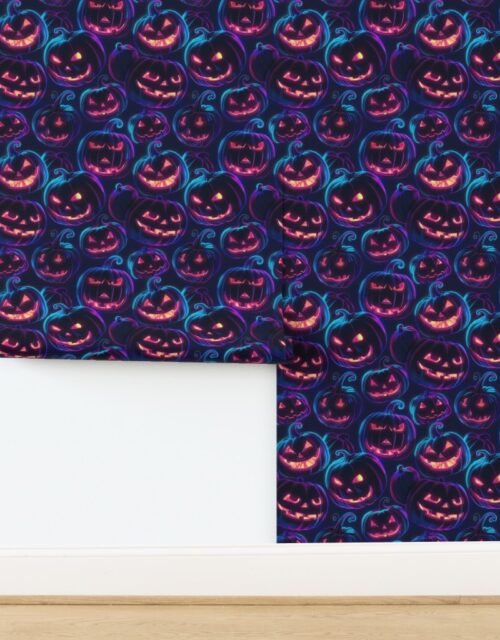 Neon Orange Halloween Pumpkins Glowing in the Dark Wallpaper