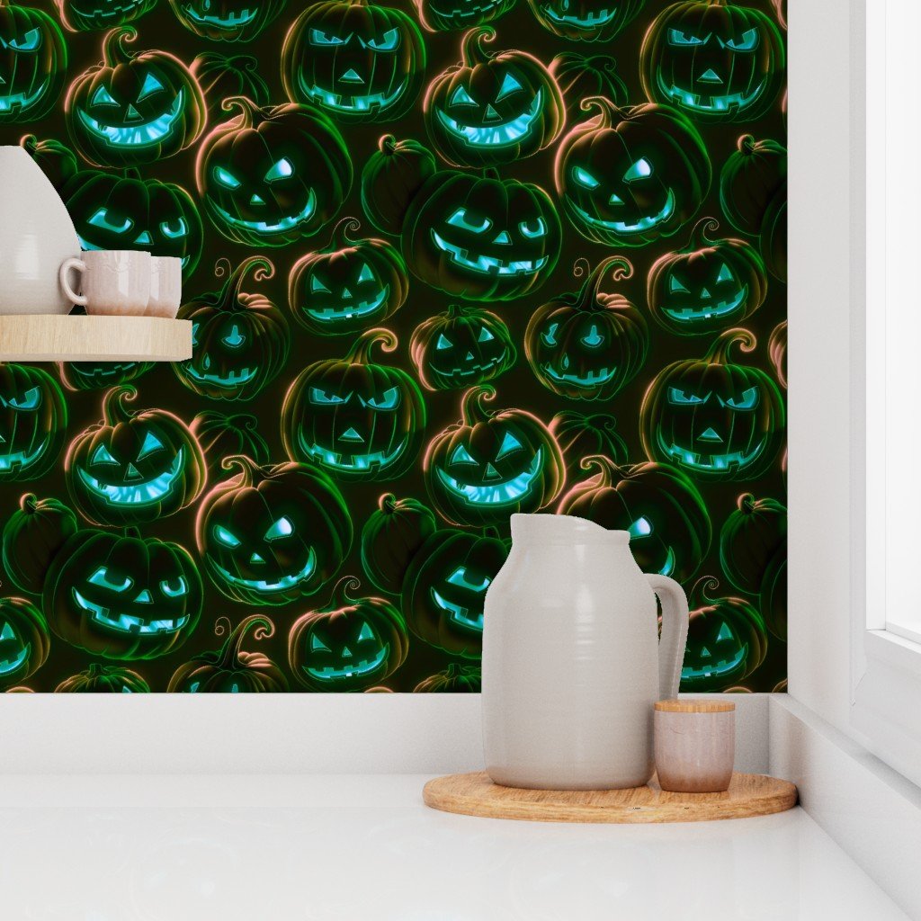 Neon Green Halloween Pumpkins Glowing in the Dark Wallpaper