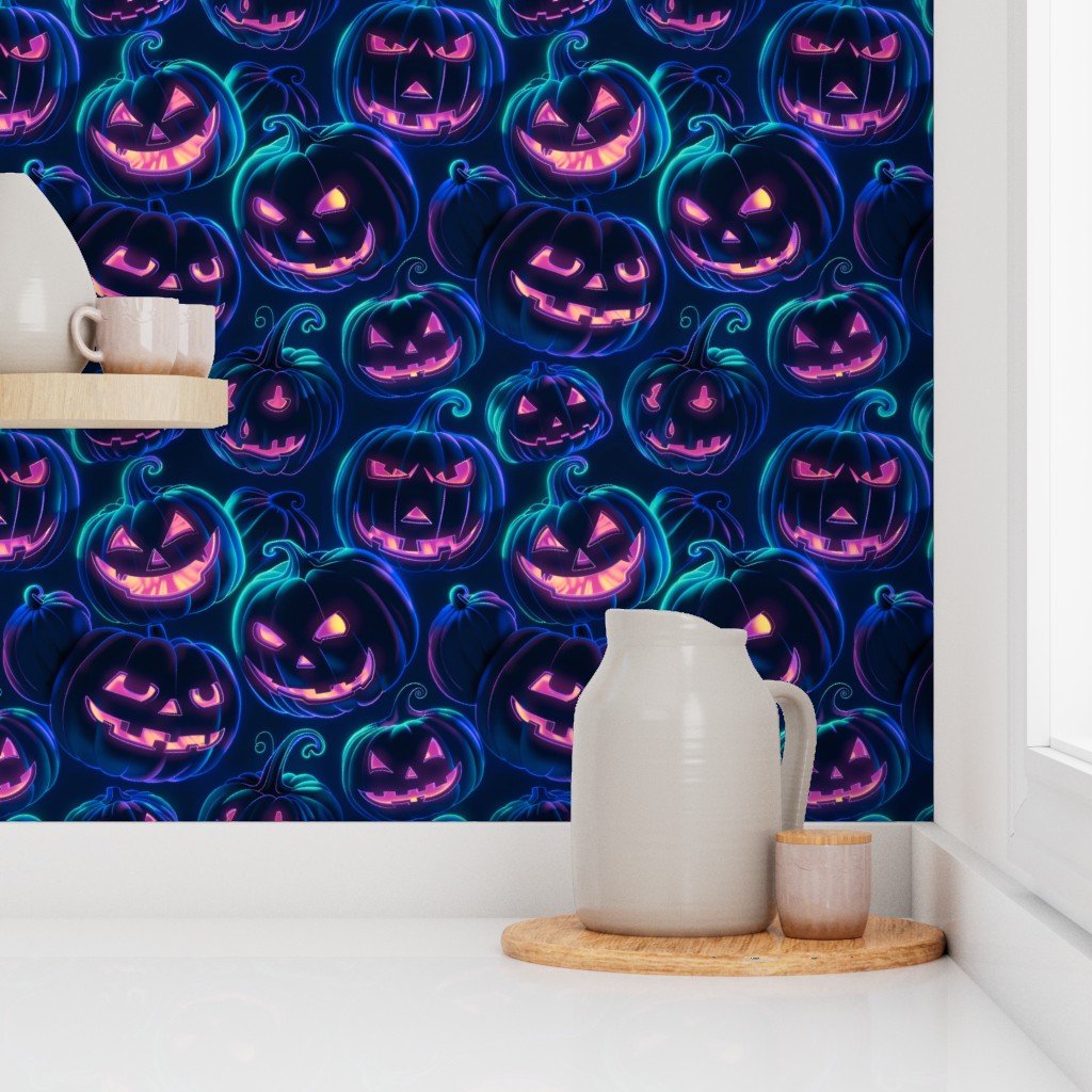 Neon Blue Halloween Pumpkins Glowing in the Dark Wallpaper