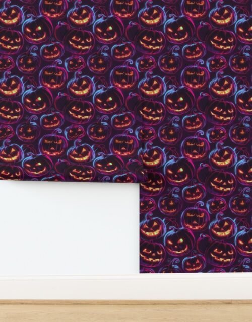 Neon Purple Halloween Pumpkins Glowing in the Dark Wallpaper