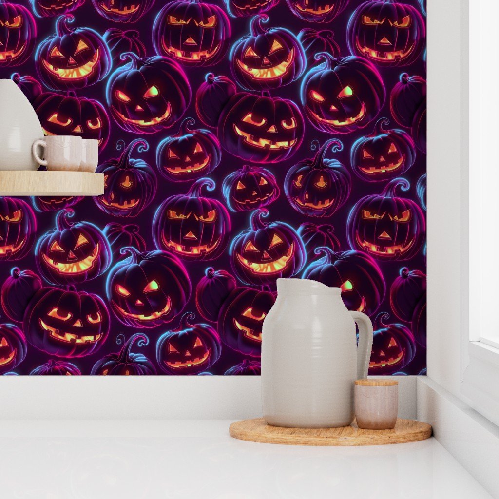 Neon Purple Halloween Pumpkins Glowing in the Dark Wallpaper