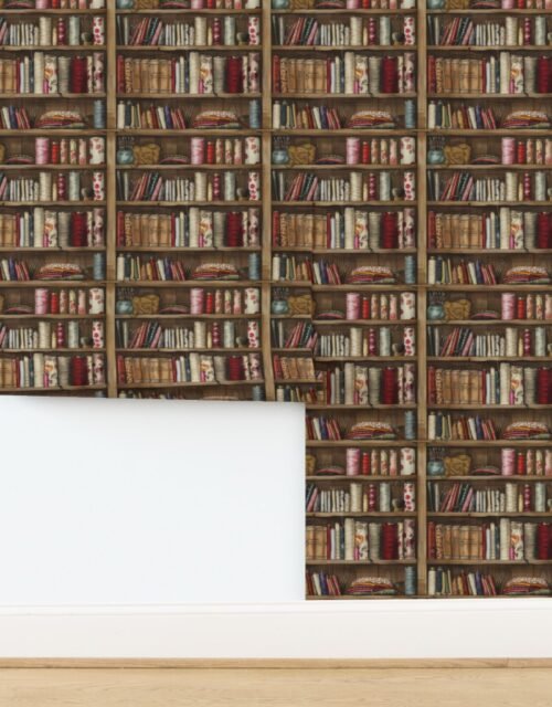 Vintage Bookcase with Fabric Bobbins Spools and Yarn Wallpaper