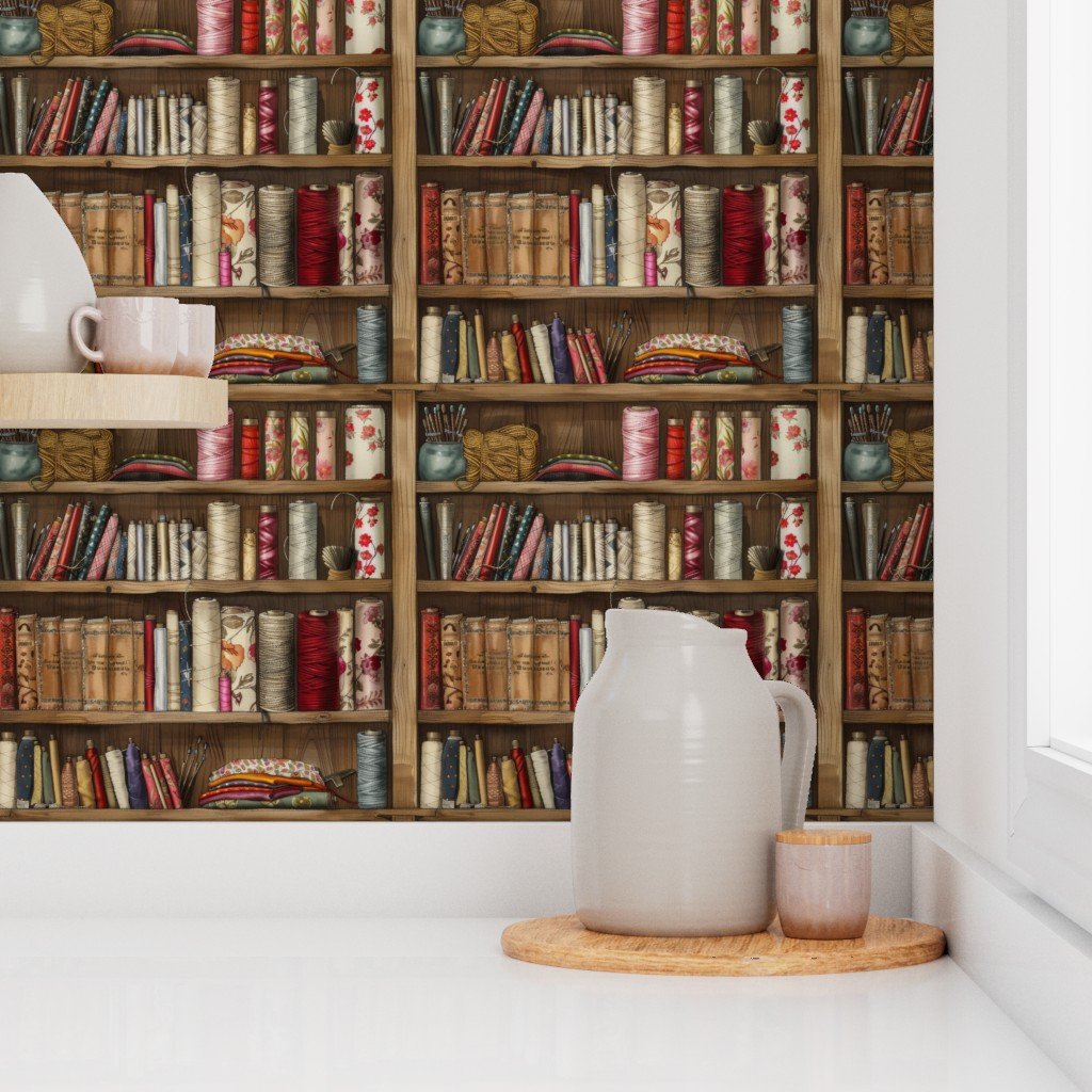 Vintage Bookcase with Fabric Bobbins Spools and Yarn Wallpaper