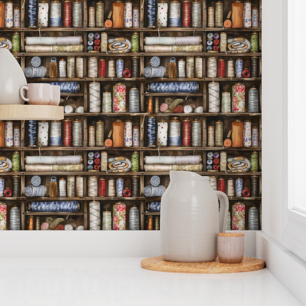 Vintage Bookcase with Fabric Bobbins Spools and Yarn Wallpaper
