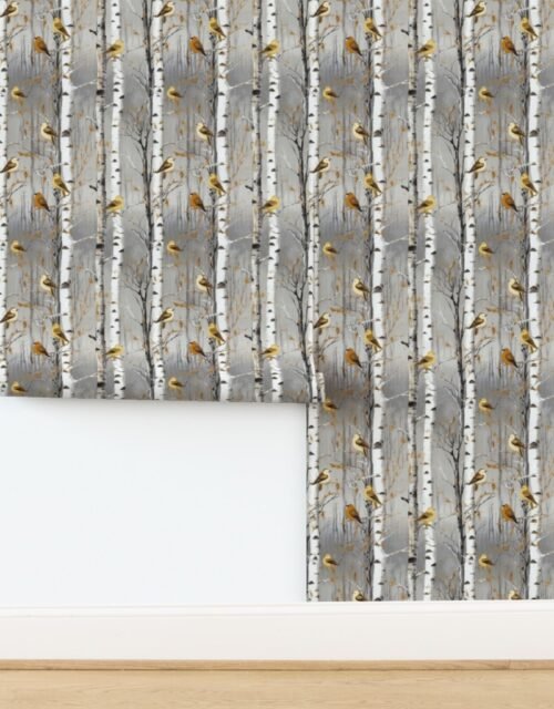 Christmas Birch Trees in Winter with Yellow and Orange Birds Perched Wallpaper