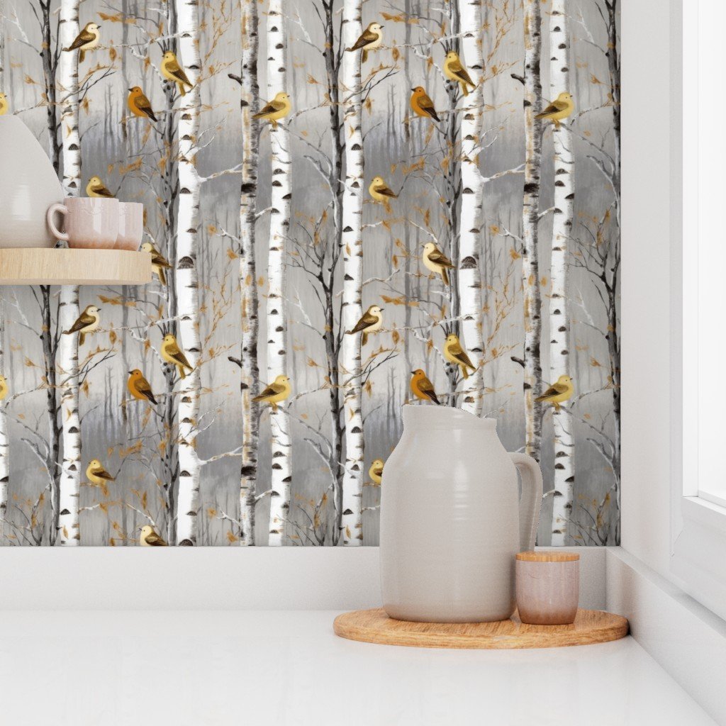 Christmas Birch Trees in Winter with Yellow and Orange Birds Perched Wallpaper