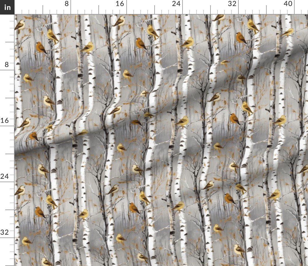 Fabric in Christmas Birch Trees in Winter with Yellow and Orange Birds Perched Fabric Fabric in Christmas Birch Trees in Winter with Yellow and Orange Birds Perched Fabric