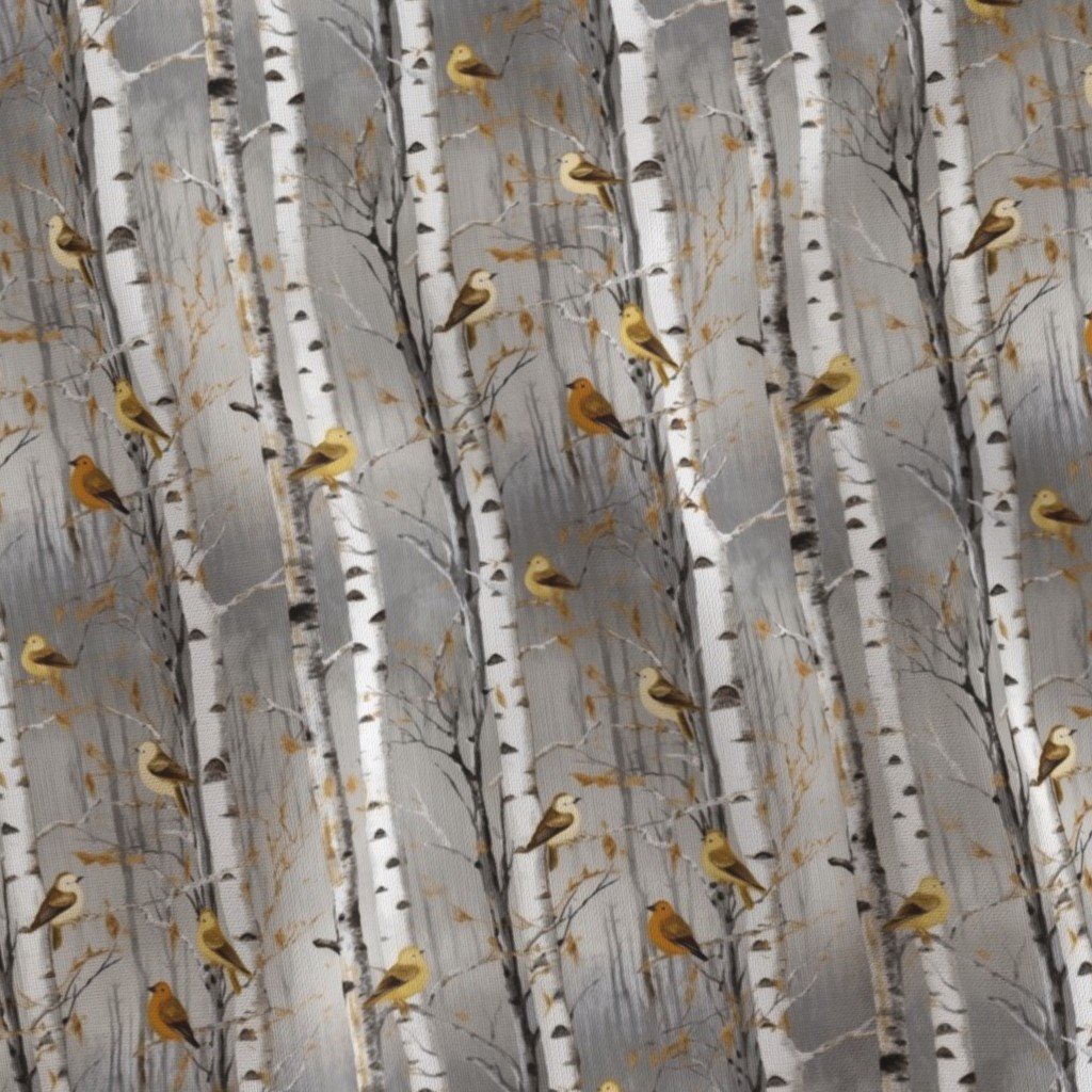 Small Birch Trees in Winter with Yellow and Orange Birds Perched