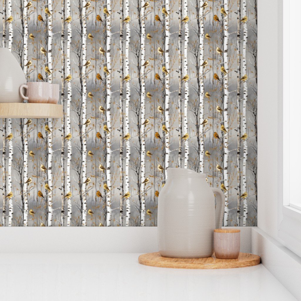 Small Birch Trees in Winter with Yellow and Orange Birds Perched Wallpaper