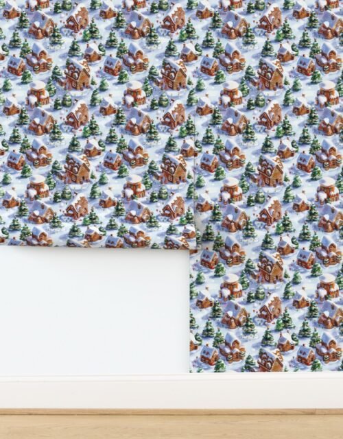 Festive Watercolor Gingerbread Village with Snowy Landscape and Christmas Wallpaper