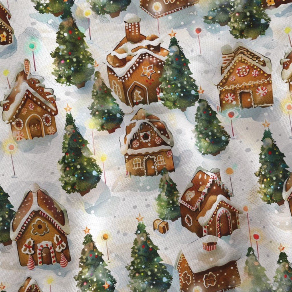 Watercolor Gingerbread Village in Winter Wonderland with Decorated