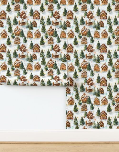 Watercolor Gingerbread Village in Winter Wonderland with Decorated Wallpaper