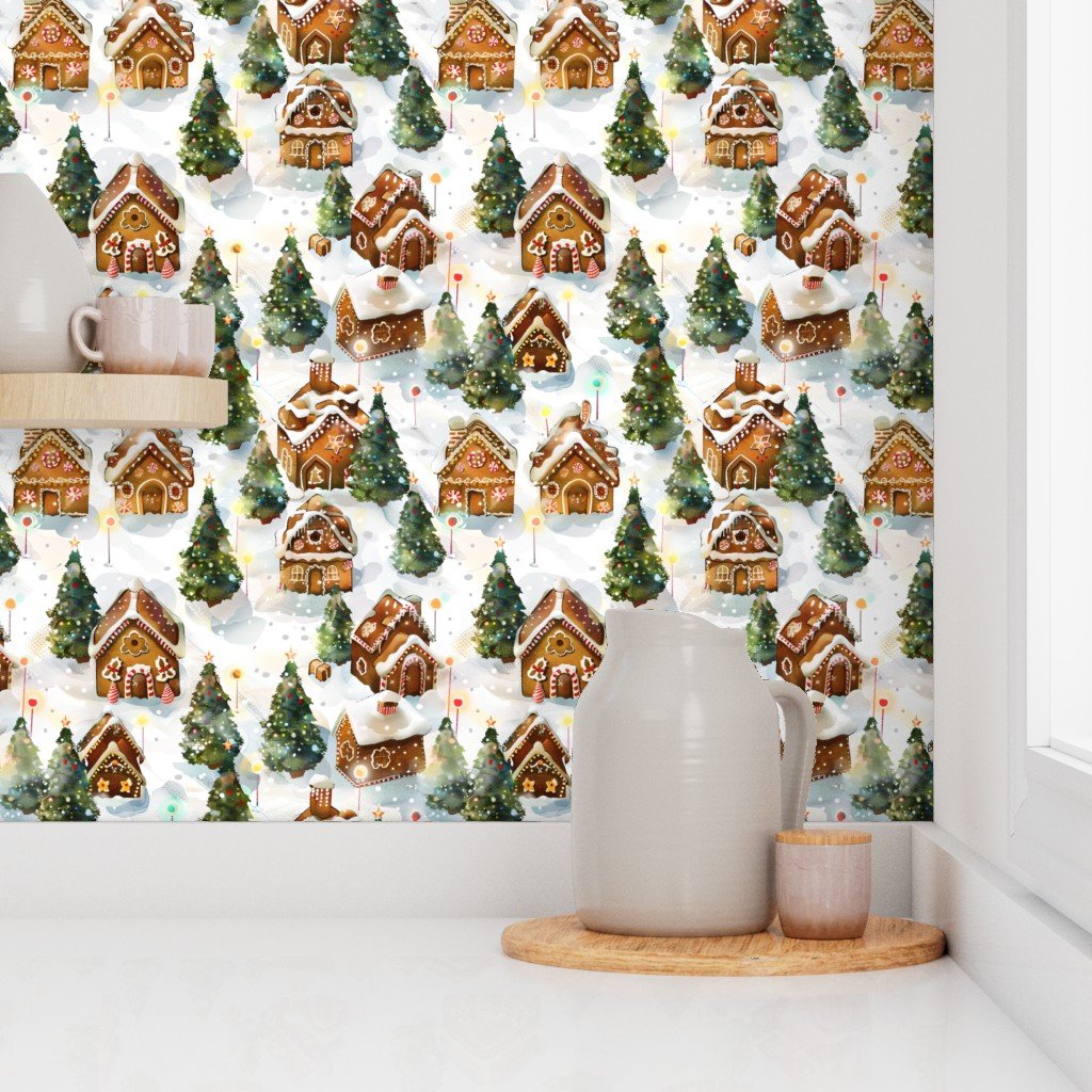 Watercolor Gingerbread Village in Winter Wonderland with Decorated Wallpaper