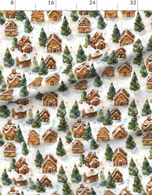 Watercolor Gingerbread Village in Winter Wonderland with Decorated