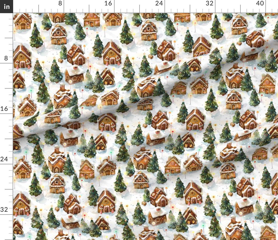 Fabric in Watercolor Gingerbread Village in Winter Wonderland with Decorated Fabric Fabric in Watercolor Gingerbread Village in Winter Wonderland with Decorated Fabric