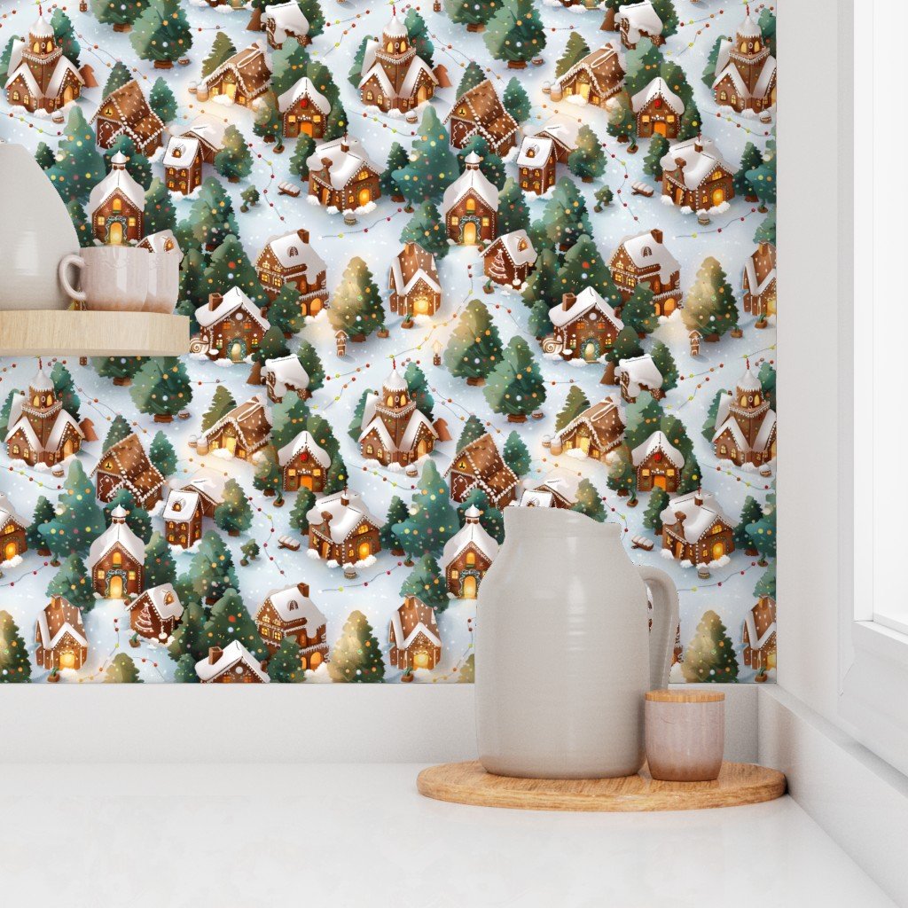 Snowy Gingerbread Village with Festive Lights and Christmas Trees Wallpaper