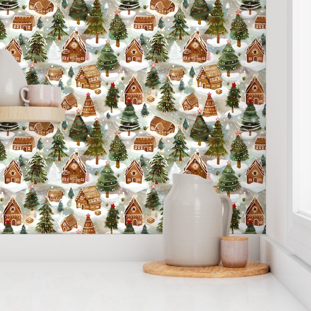 Endless Gingerbread Christmas Village with Snowy Pine Trees Wallpaper