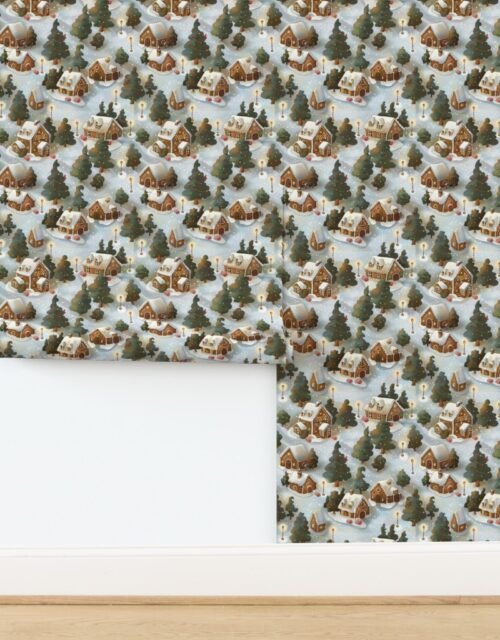 Endless Christmas Gingerbread Village with Snow Covered Trees and Festive Wallpaper