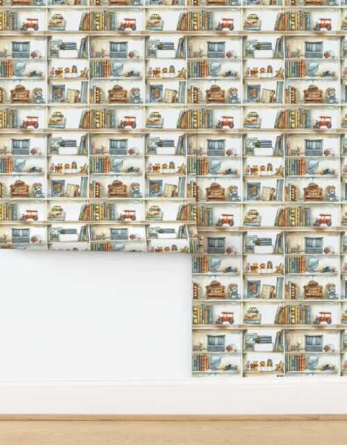 Vintage Bookcase with Classic Boys' Toys in Watercolor Wallpaper