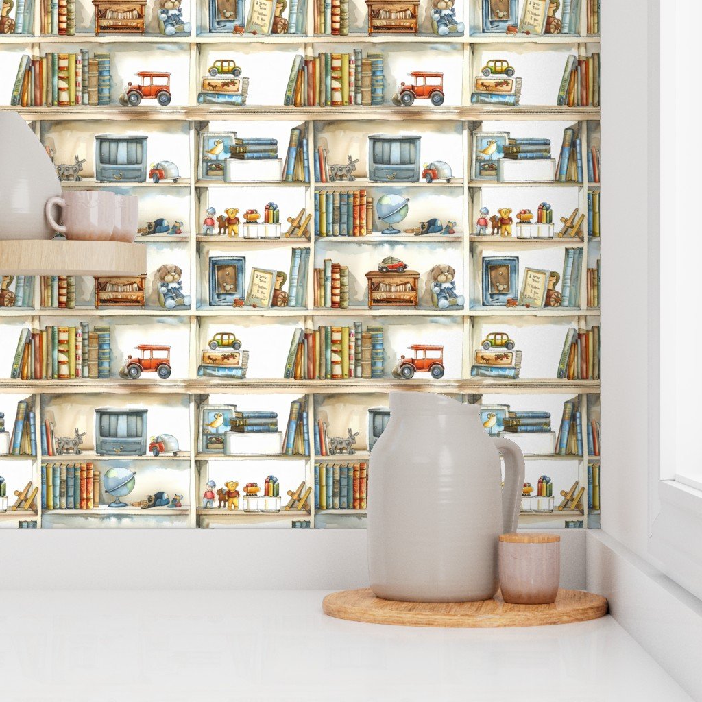 Vintage Bookcase with Classic Boys’ Toys in Watercolor Wallpaper