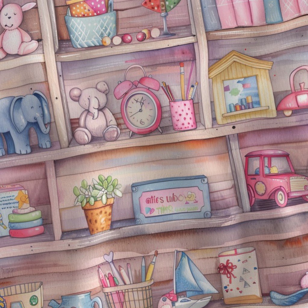 Fabric in Pastel Vintage Bookcase with Children’s Toys in Watercolor Fabric