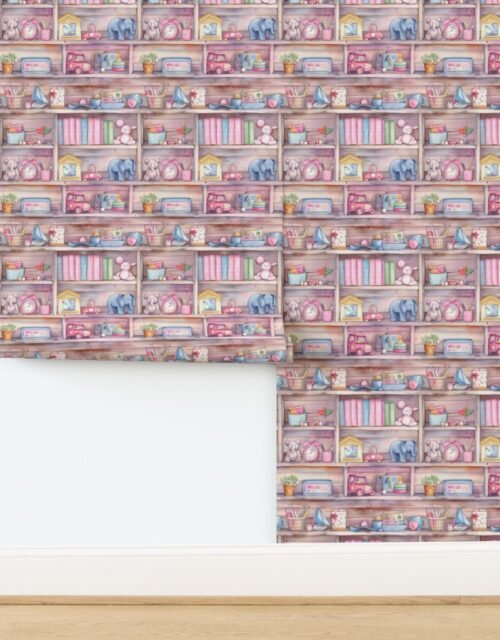 Pastel Vintage Bookcase with Children's Toys in Watercolor Wallpaper