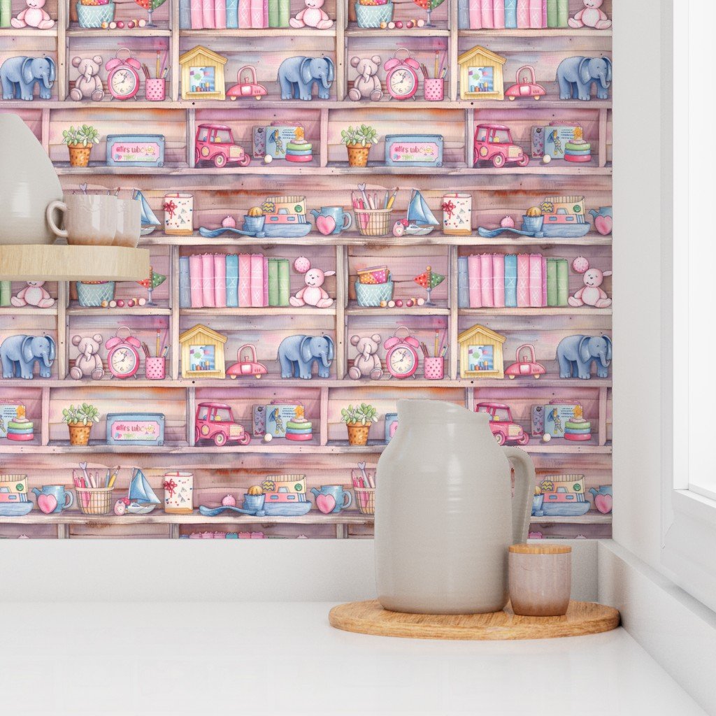 Pastel Vintage Bookcase with Children’s Toys in Watercolor Wallpaper