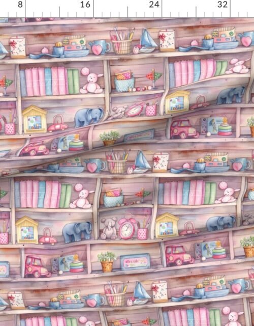 Fabric in Pastel Vintage Bookcase with Children's Toys in Watercolor Fabric